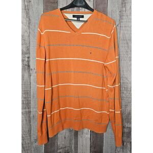 TOMMY HILFIGER Orange Long Sleeve V-Neck Striped SWEATER Men's Large